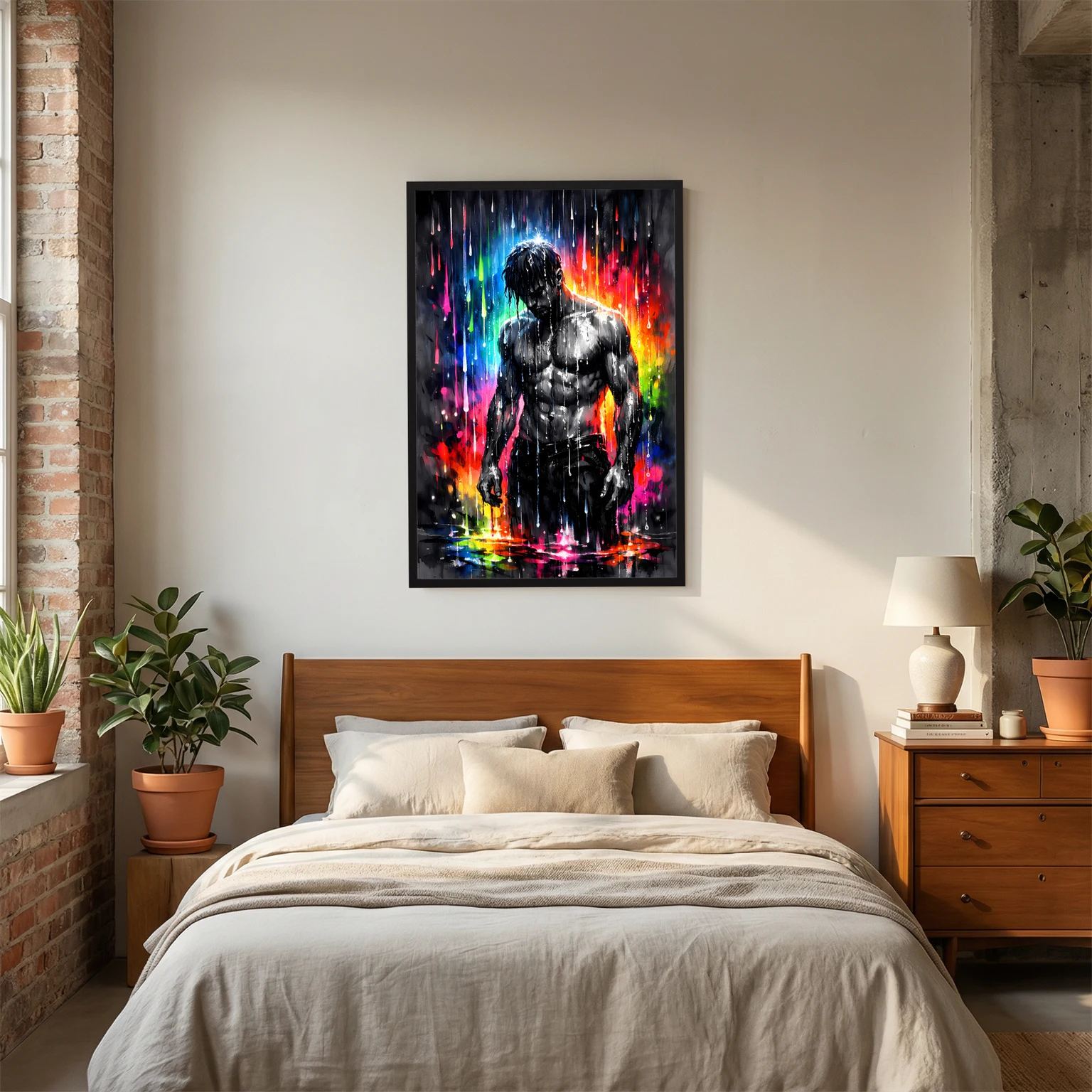 Wandbild im Hochformat: muskulöser Mann in Schwarz mit farbigen Neon-Spritzern, schwarzer Rahmen