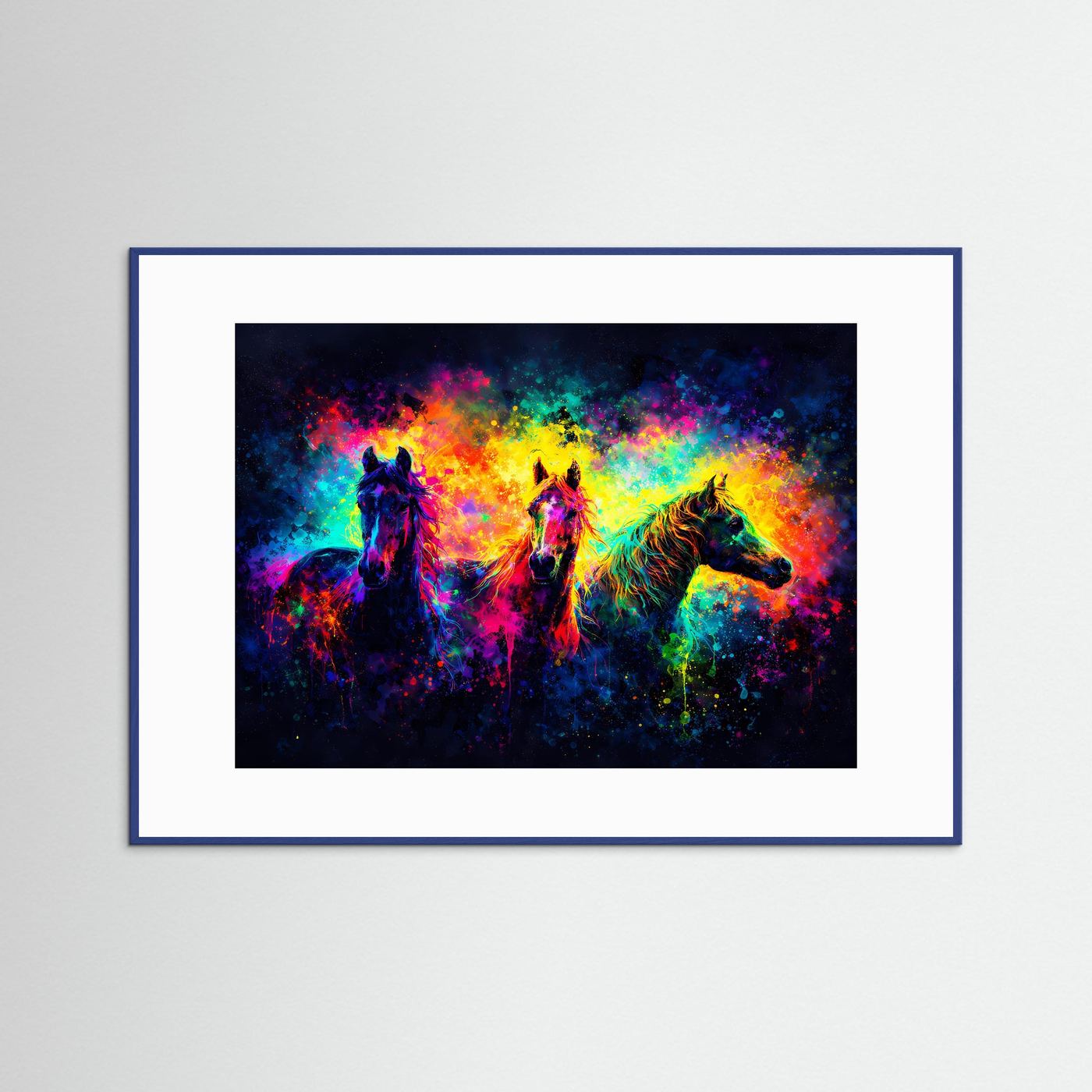 Kunstposter Querformat mit Pop-Art Pferden im Farb-Splash, blauer Rahmen