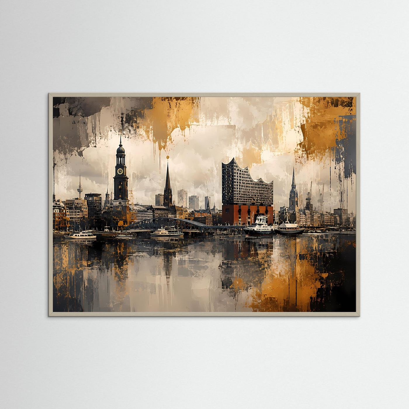 Hamburg Skyline an den Landungsbrücken | Abstraktes Hafen-Poster im Querformat
