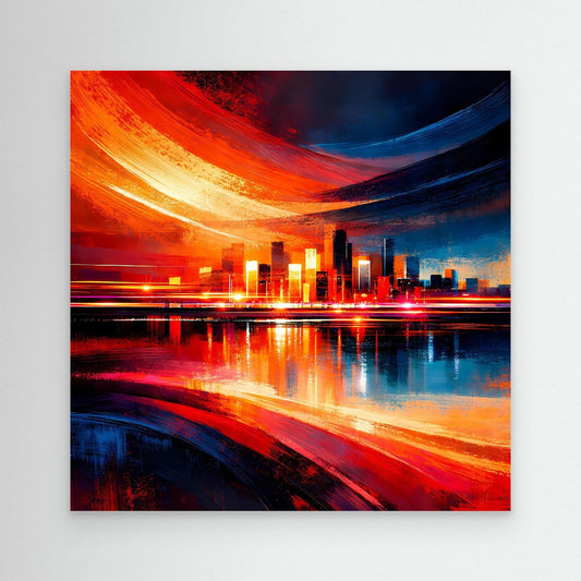 Abstraktes Skyline-Leinwandbild ohne Rahmen, leuchtende Lichtspuren in Rot und Blau