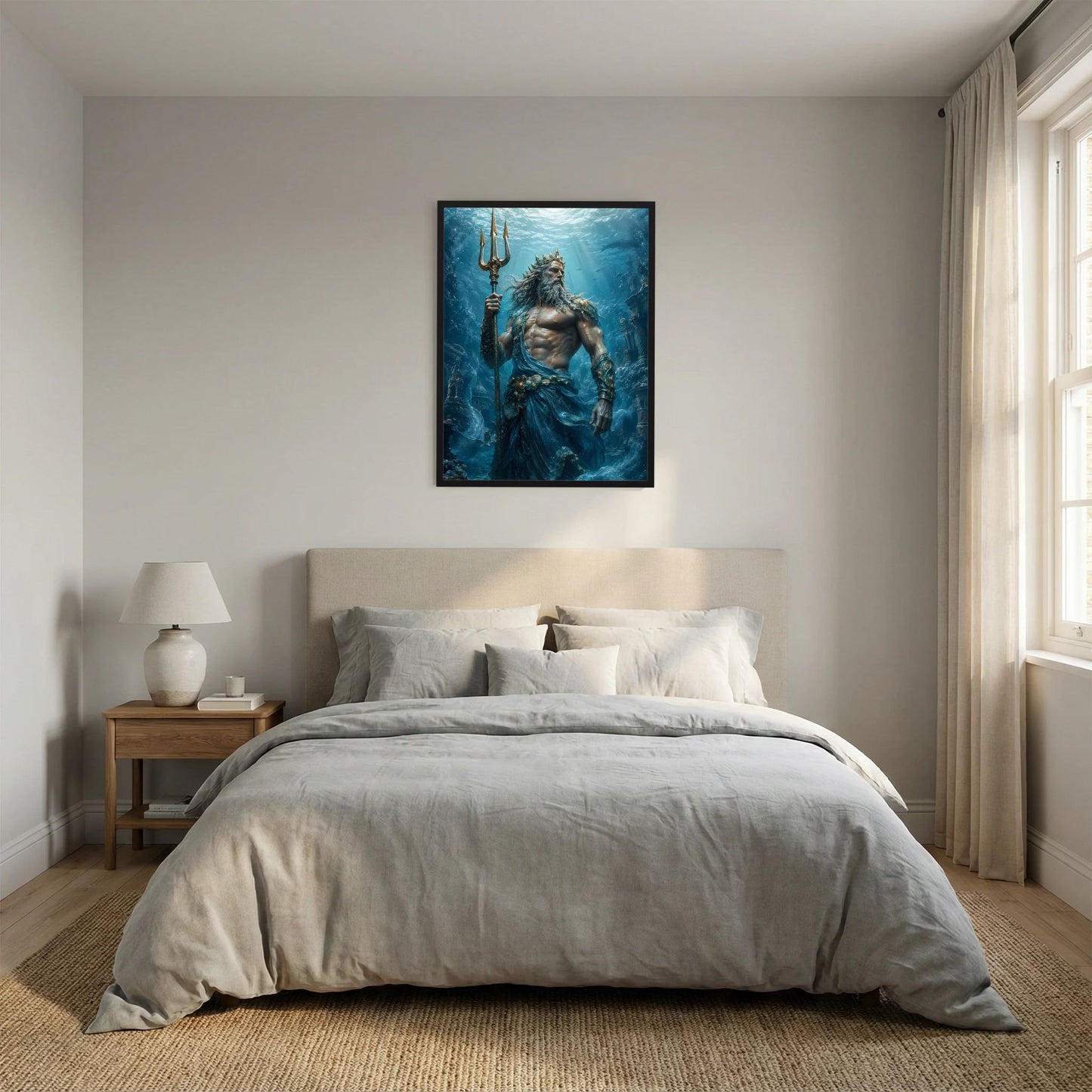 Hochformat-Poster mit Poseidon am Dreizack, Unterwasser-Szene in Blau