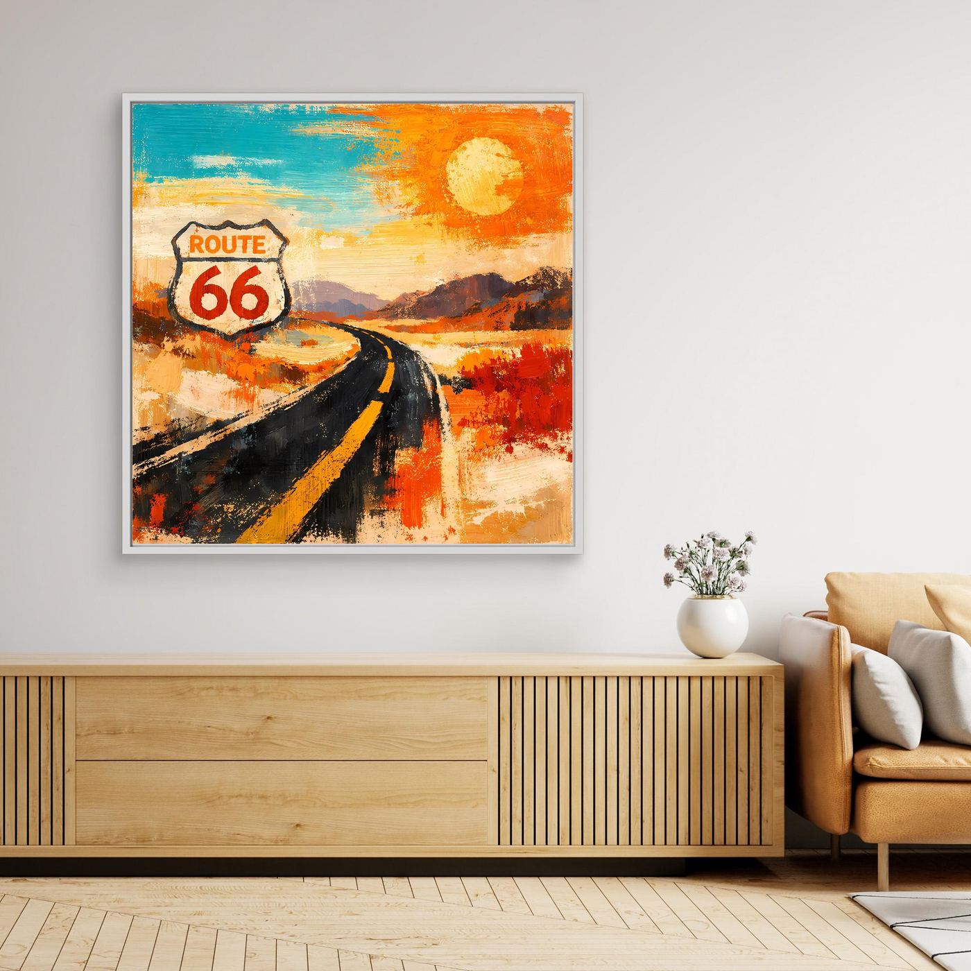 Abstraktes Leinwand-Wandbild mit Route-66-Straße, Orange-Blau und Rahmen in Weiß