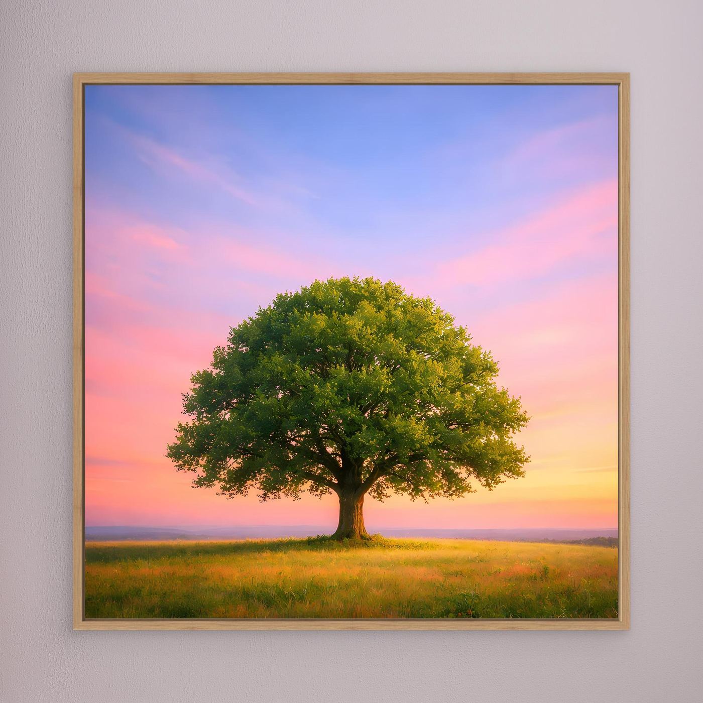 Leinwandbild mit Baum auf Wiese bei Sonnenuntergang, rosa Himmel, Holzrahmen