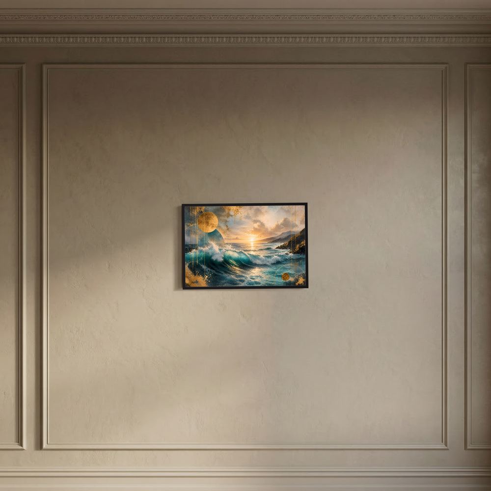 Gerahmtes Poster mit abstrakter Meereswelle bei Sonnenuntergang, Gold- und Blautöne, schwarzer Rahmen