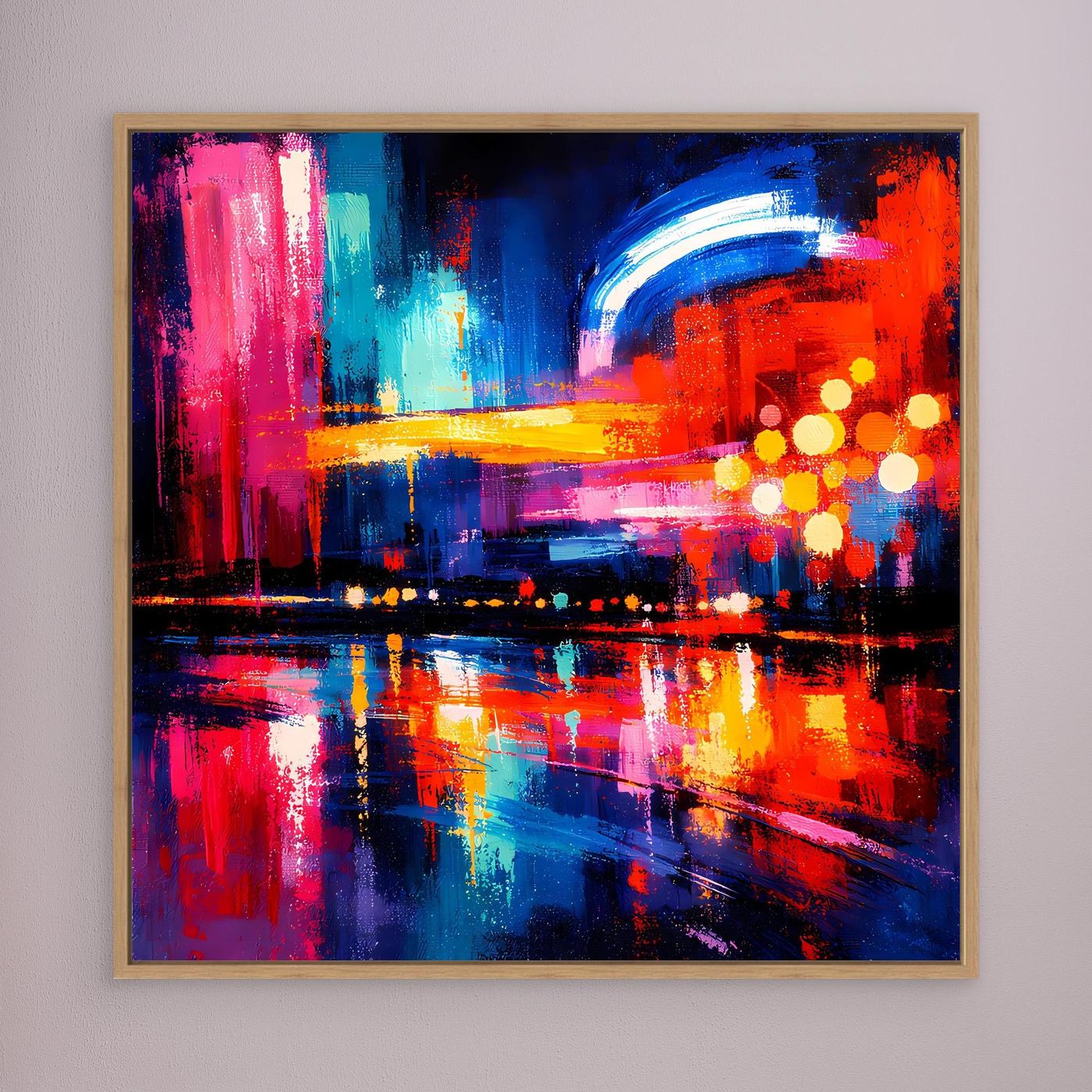 Abstraktes Leinwandbild mit Stadt-Skyline, Neonfarben, blauem Lichtbogen, goldbraun gerahmt