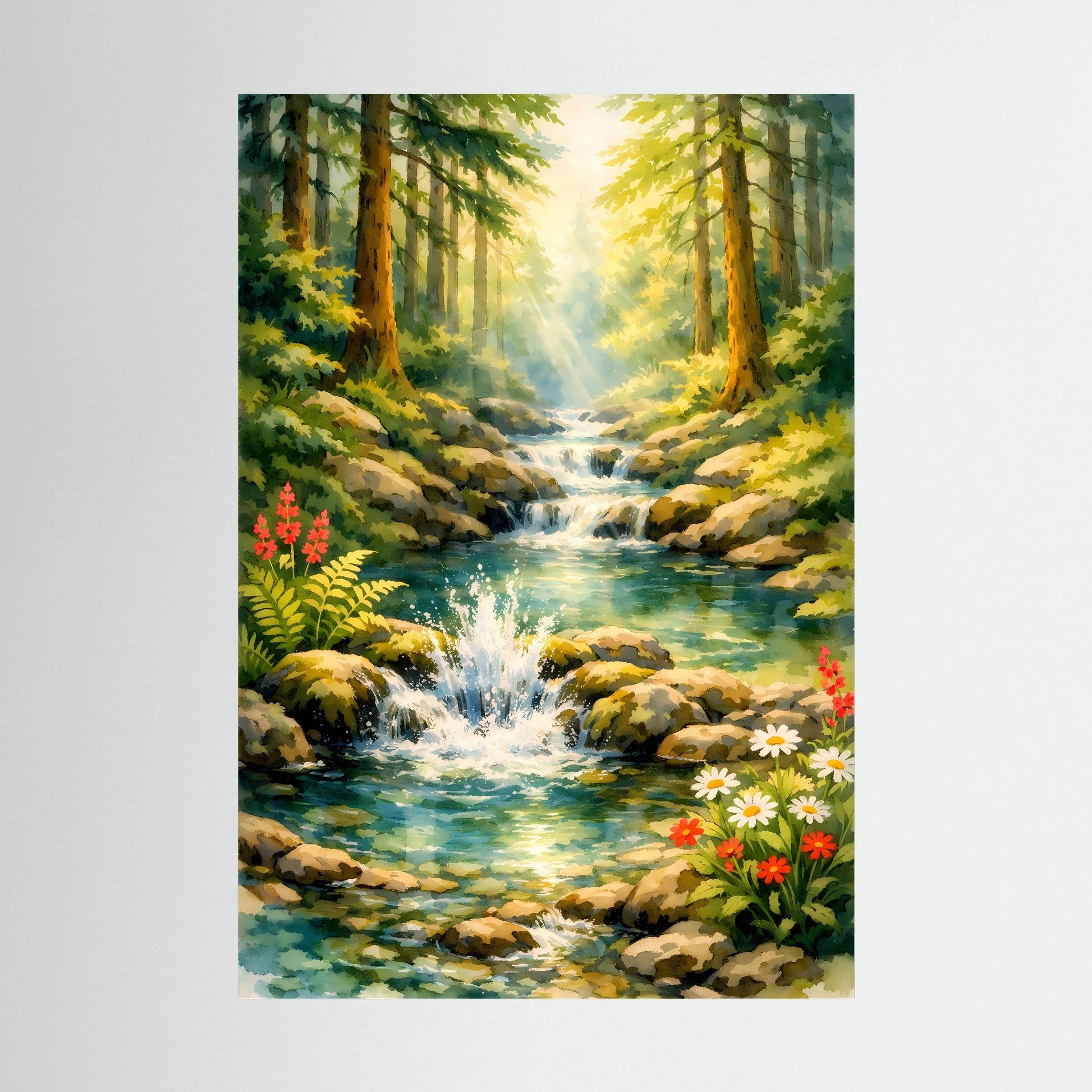 Hochformatiges Poster mit Wasserfall im Wald und Wildblumen am Flussufer