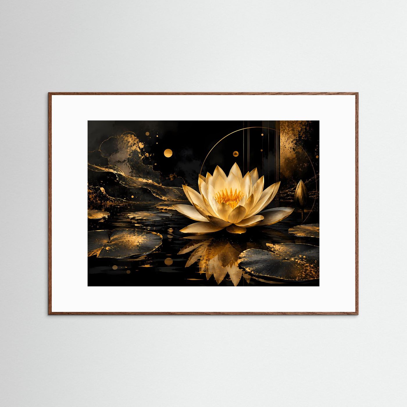 Gerahmtes Querformat-Poster: goldene Lotusblüte auf dunklem Wasser, rechteckige Einfassung