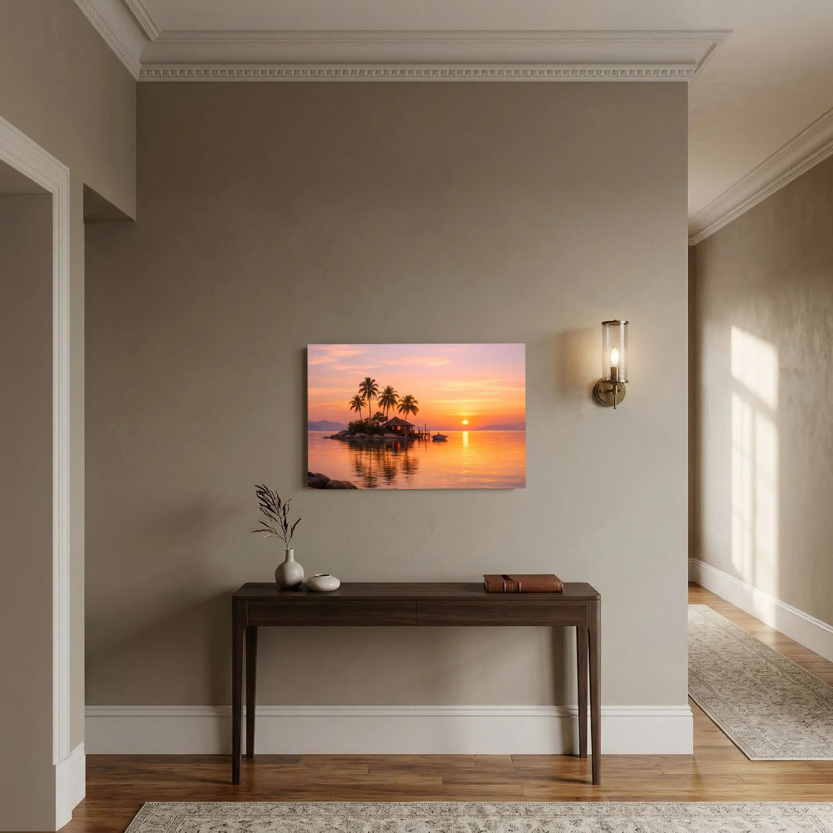 Rechteckiges Wandposter mit tropischer Insel im Sonnenuntergang und spiegelndem Wasser