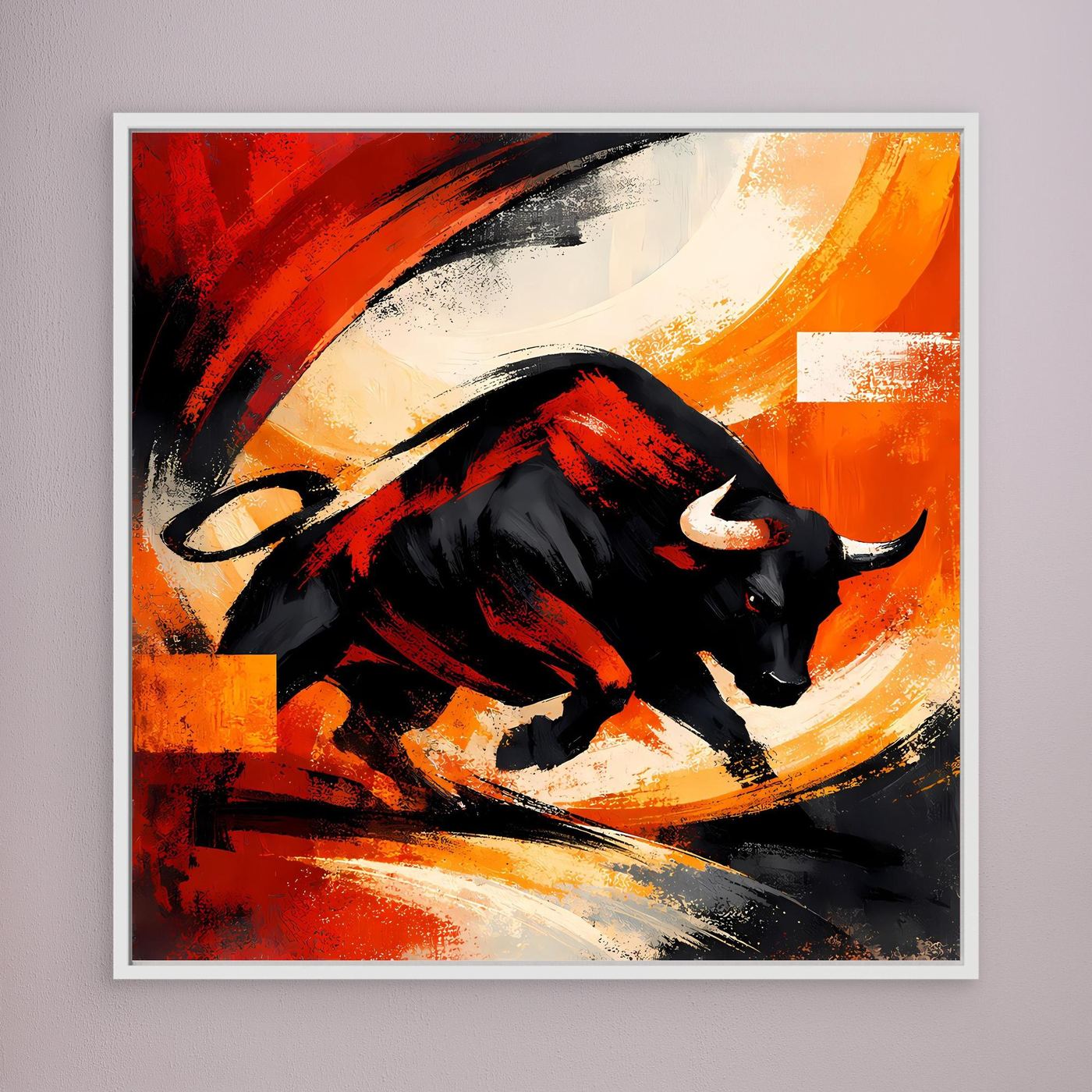 Leinwandbild mit schwarzem Stier in Rot-Orange-Abstrakt, mit weißem Rahmen
