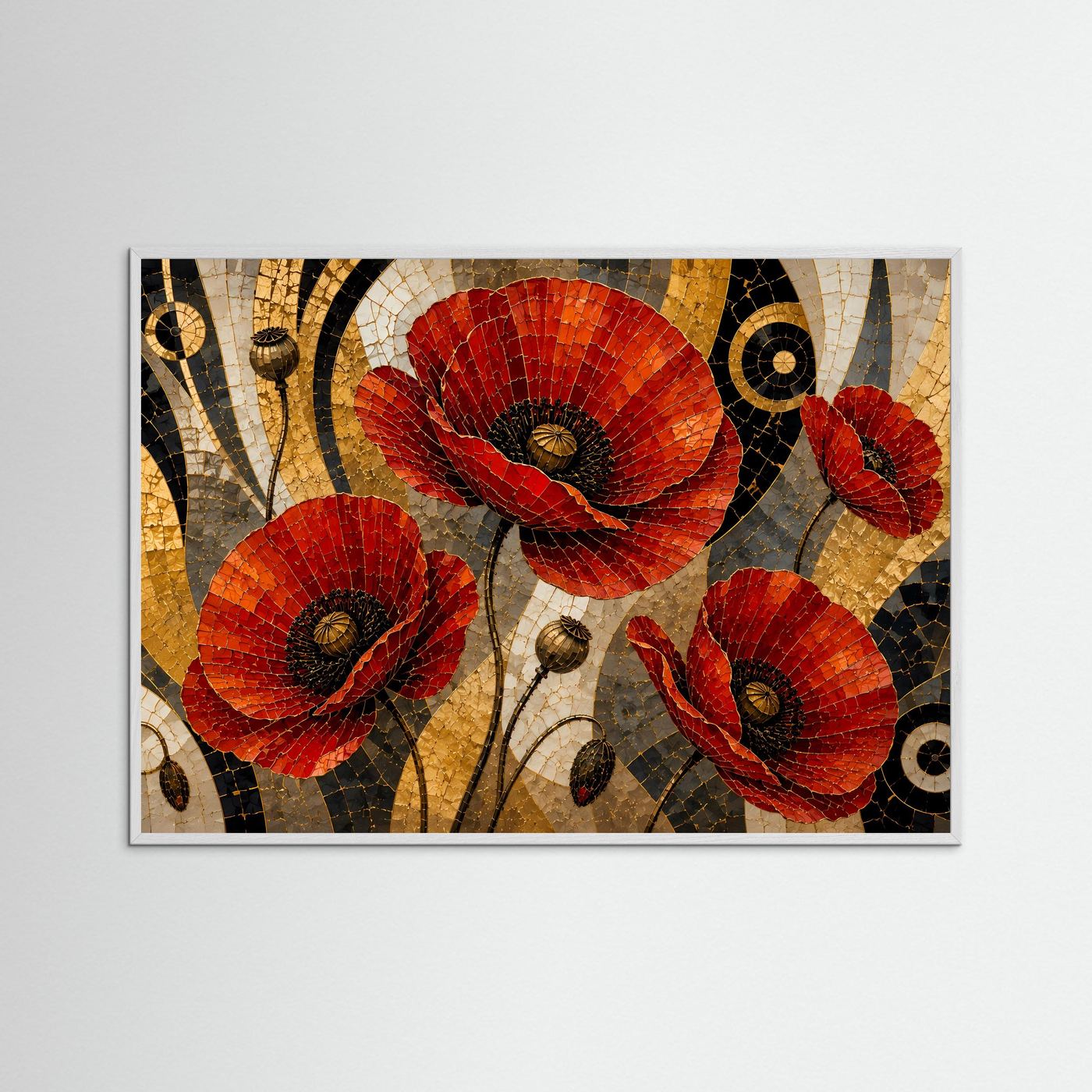 Querformat-Poster mit Mohnblumen-Mosaik in Rot, Schwarz und Gold, weißer Rahmen