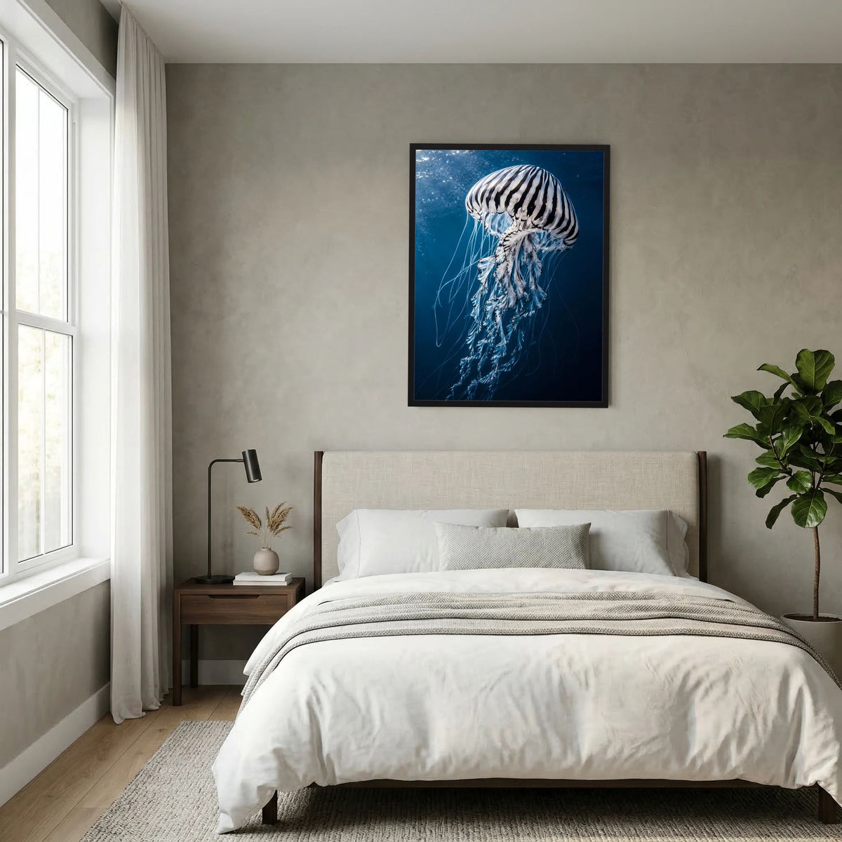 Gerahmtes Poster mit Qualle im Blau, seitlich dargestellt