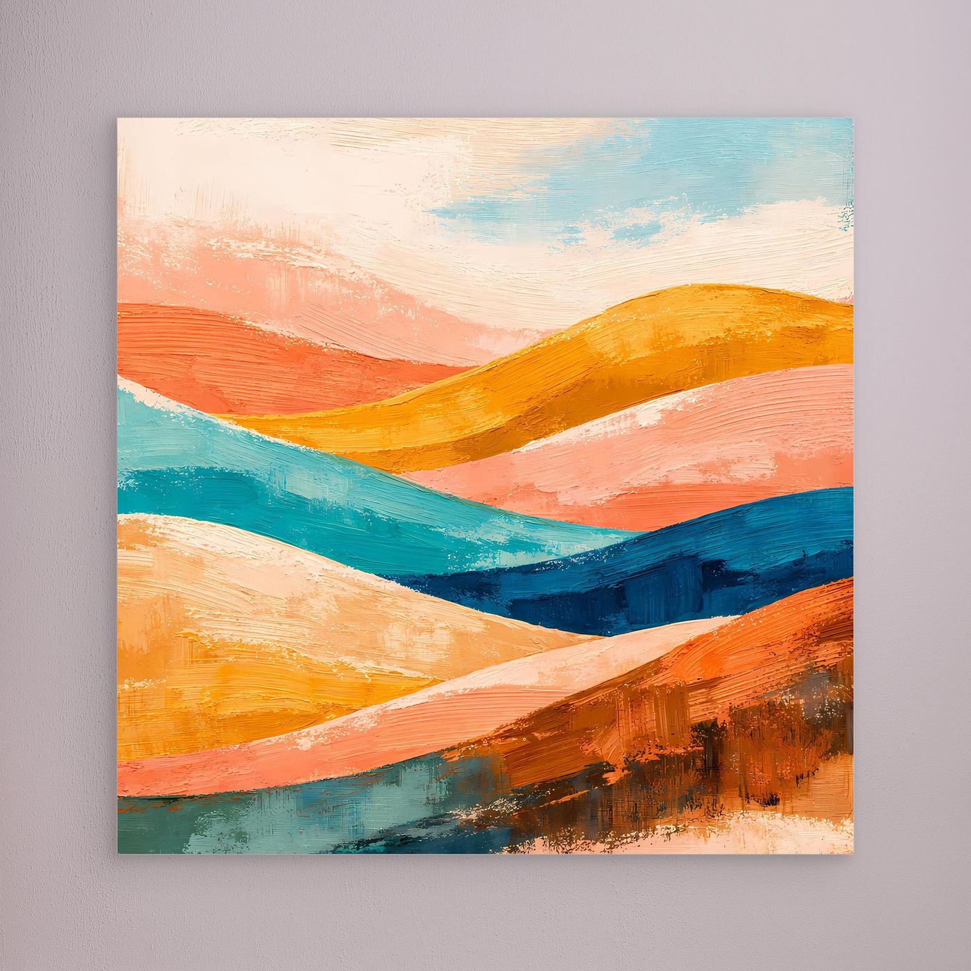 Abstract landscape wall art with orange, teal, and blue rolling waves, unframed