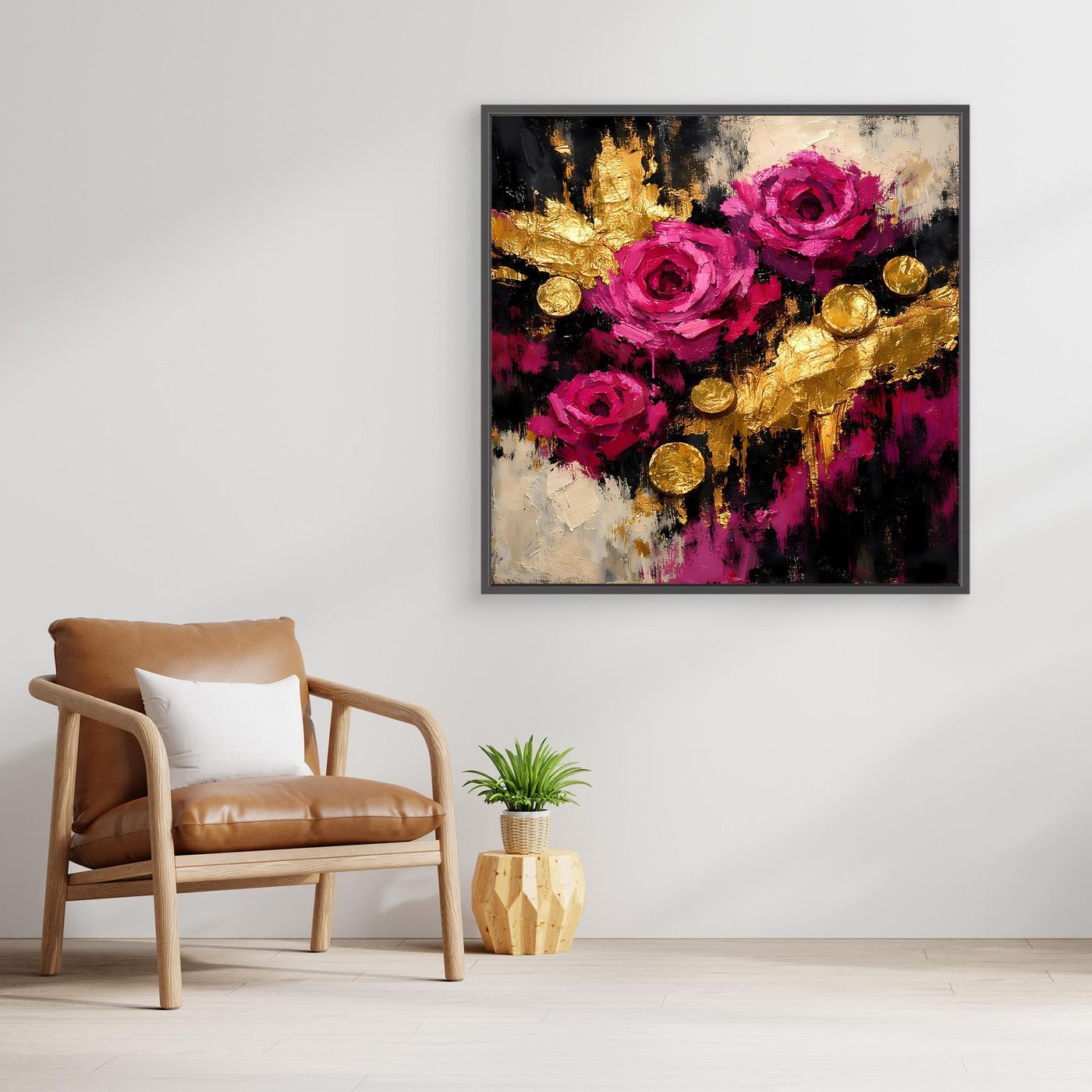 Leinwand Elegante Rosen in Magenta | Abstraktes Blumen Wandbild Gold