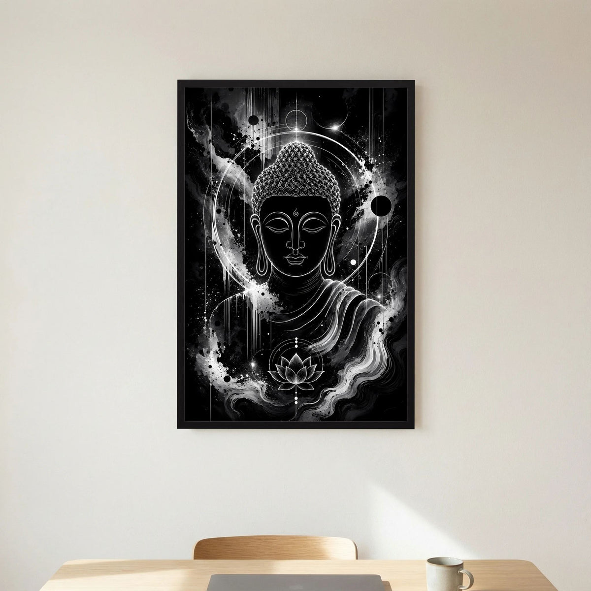 Schwarzweiß-Poster mit Buddha-Gesicht, Lotusblüte und kosmischer Aura, in schwarzem Rahmen.