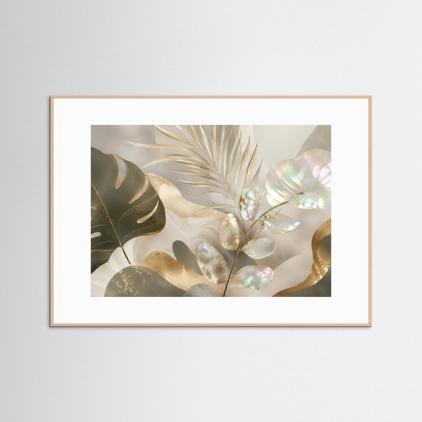 Querformat-Poster mit abstrakten botanischen Blättern in Perlmutt- und Goldtönen, naturfarbenes Holz