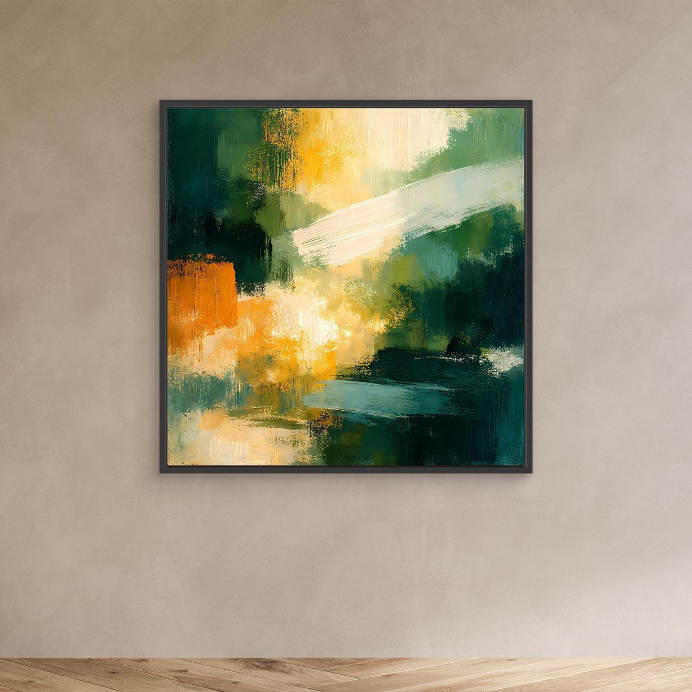 Abstraktes Leinwand-Wandbild, grünes Motiv mit gelben und orangefarbenen Partien, schwarzer Rahmen