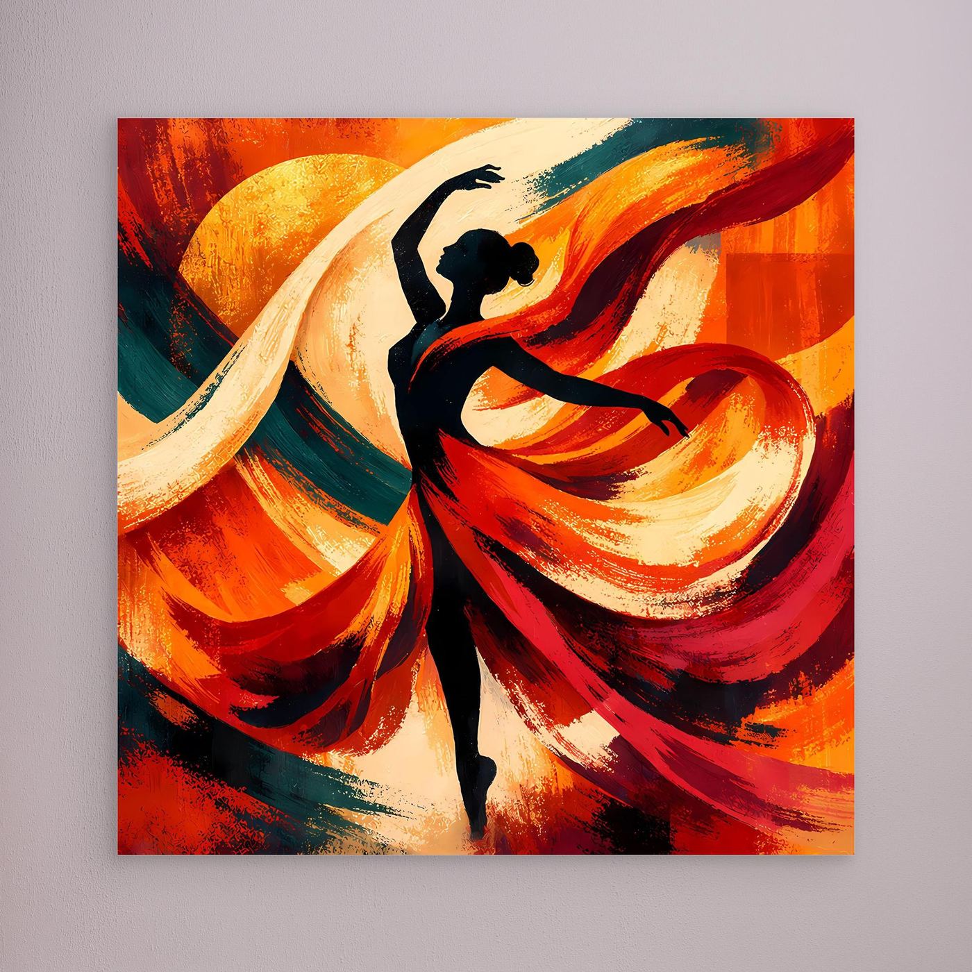 Leinwandbild mit abstrakter Tänzerin, schwarze Kontur, rote und orangefarbene Farbwirbel, helle Bogenlinie.