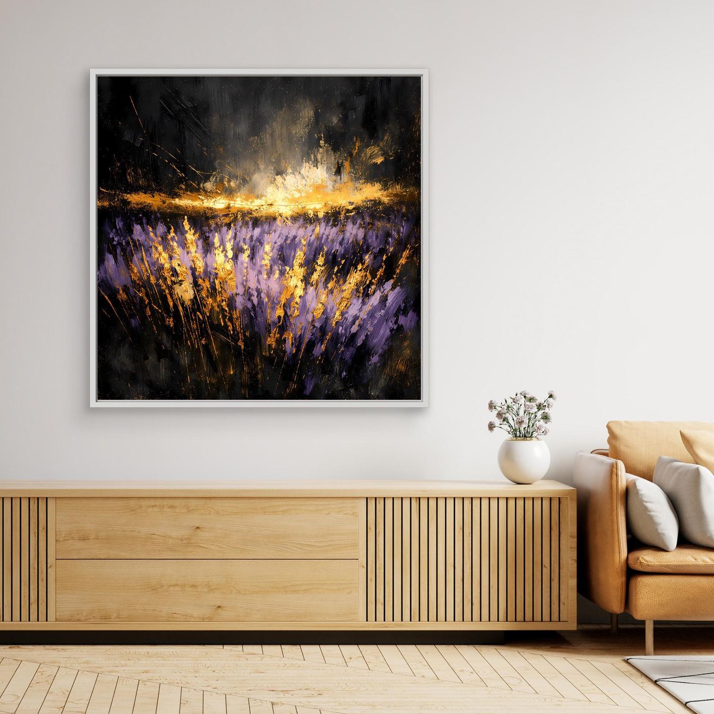 Leinwand Mystisches Lavendelfeld bei Nacht | Abstraktes Natur Wandbild Moderne Kunst