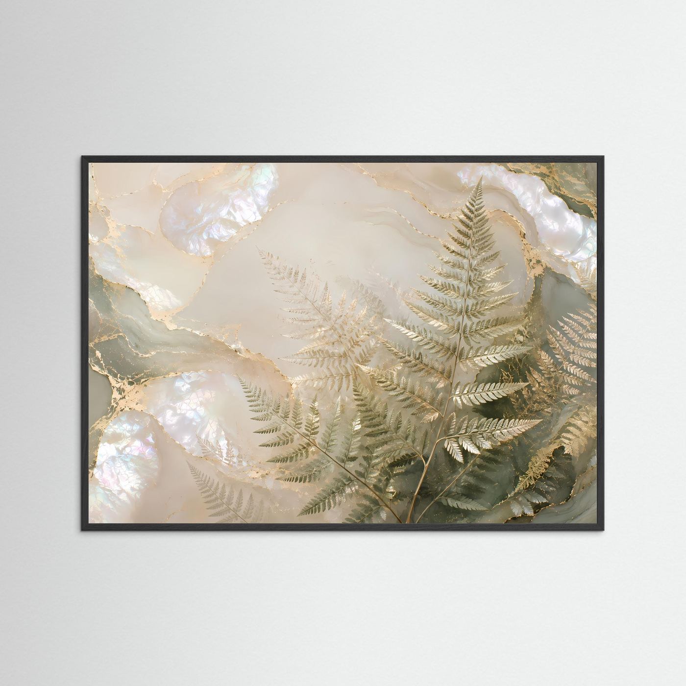 Poster im Querformat mit Perlmutt-Farnmotiv in Gold, im schwarzen Holzrahmen