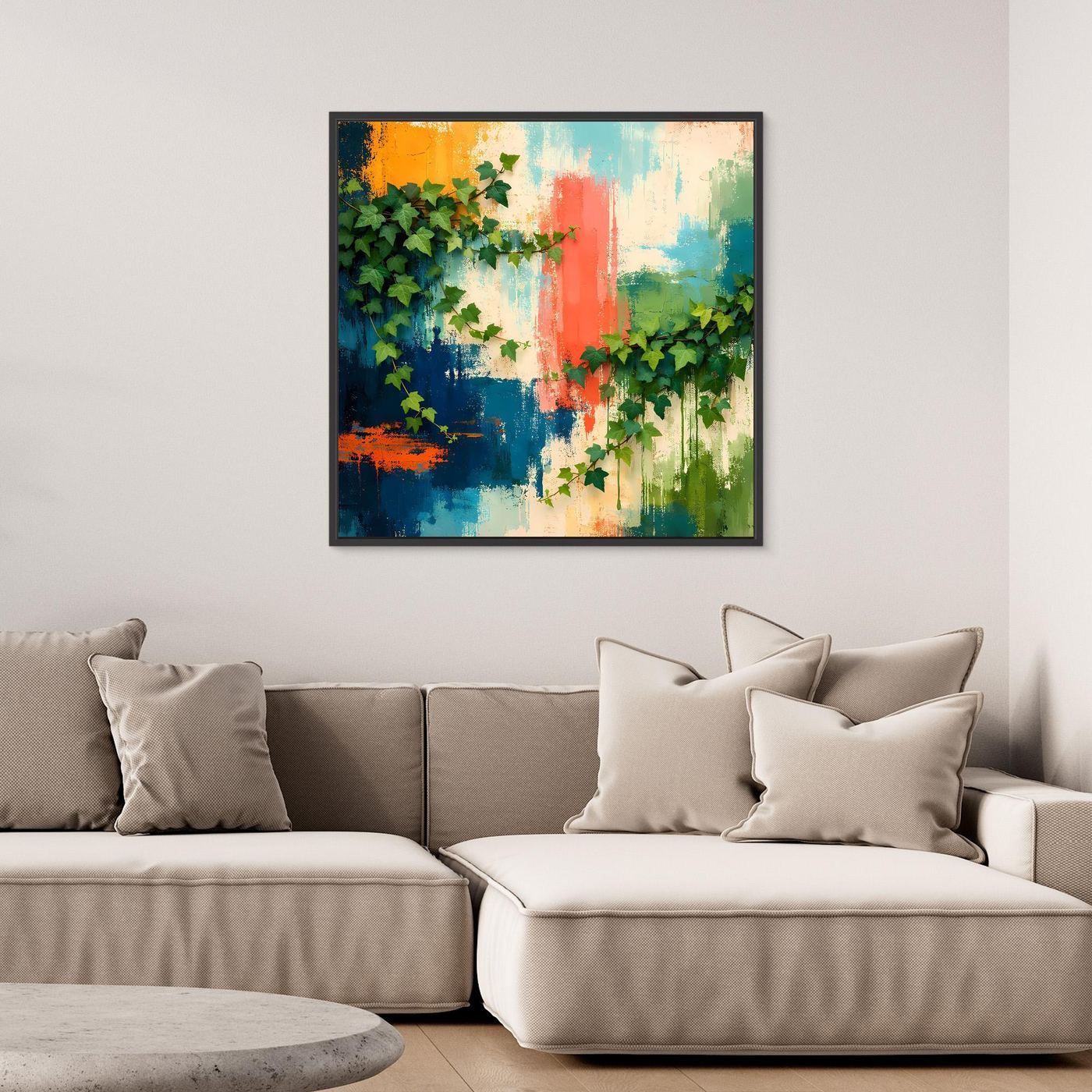 Leinwandbild mit abstrakten Efeuranken in Blau, Grün und warmem Orange