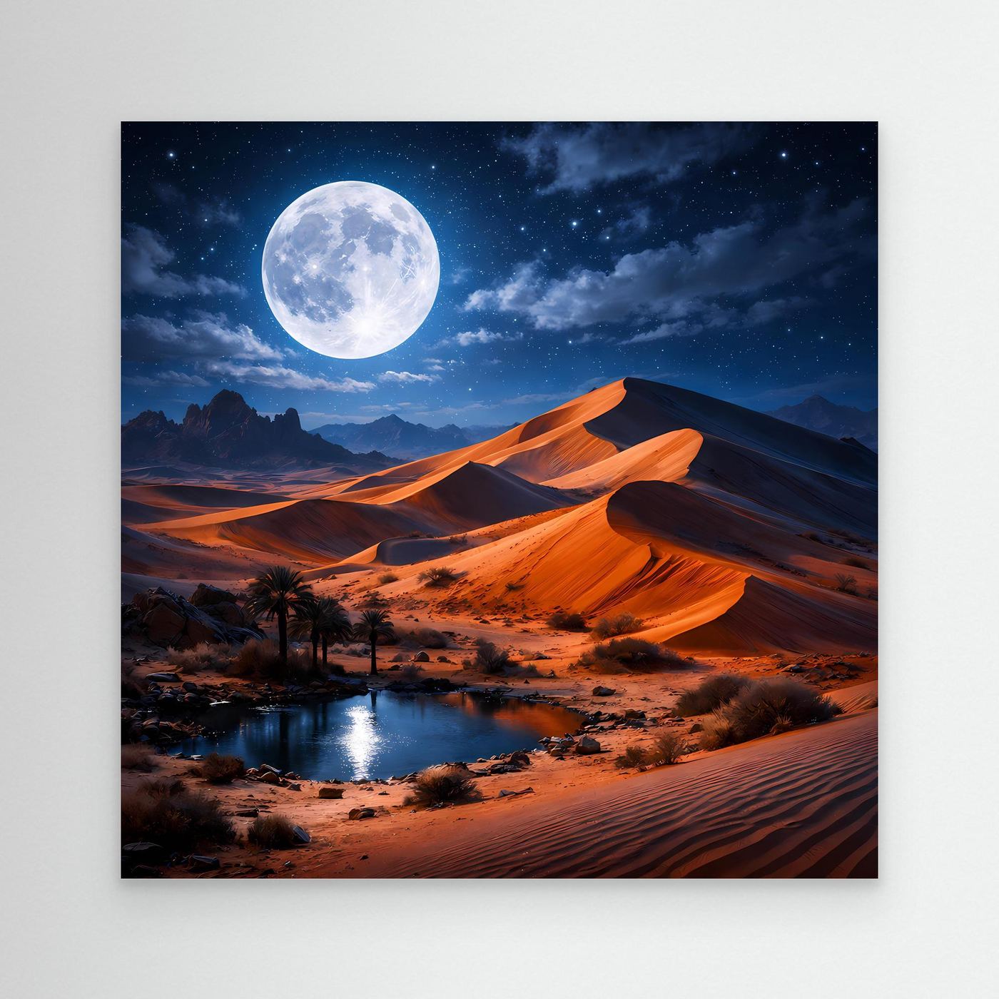 Leinwand-Wandbild mit Mond über Wüstenlandschaft, leuchtenden Dünen und Oase