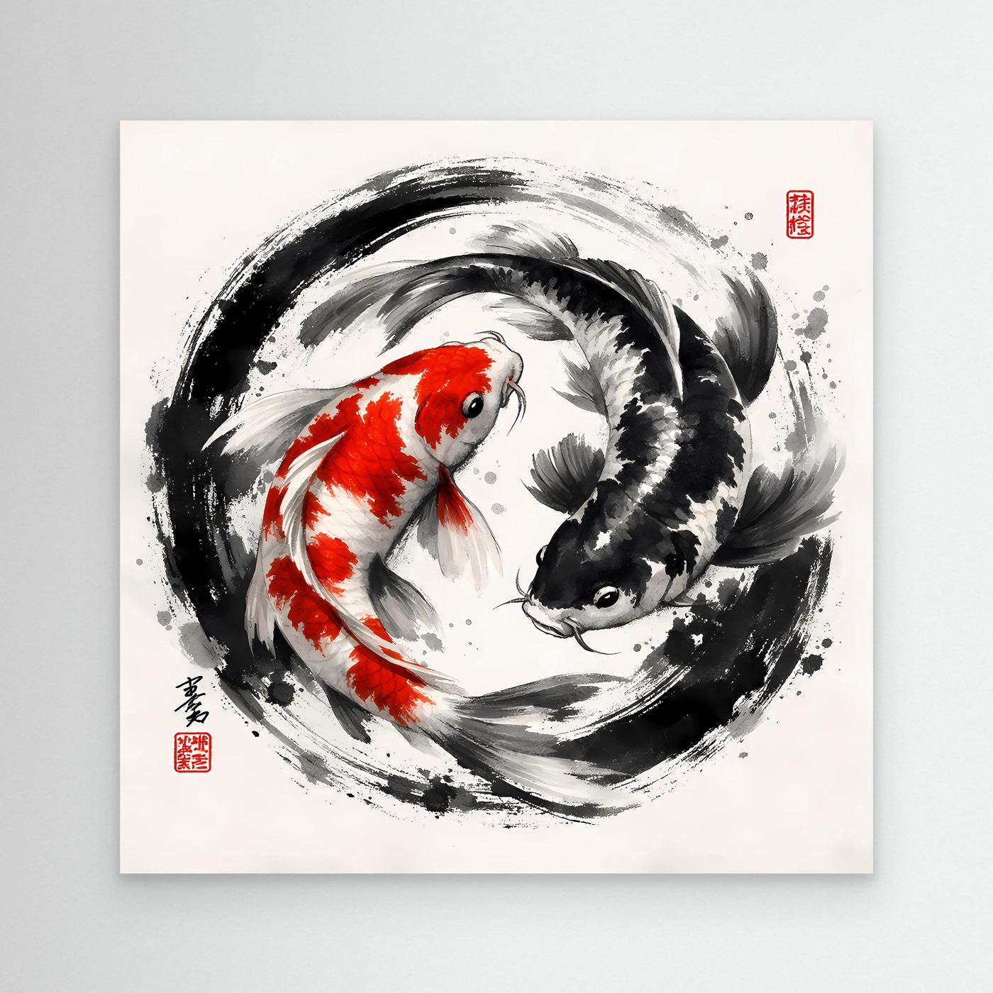 Leinwandbild mit Koi Yin-Yang: roter und schwarzer Koi im schwarzen Pinselwirbel