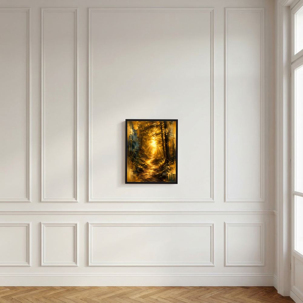 Waldweg-Poster mit goldenem Licht, im schwarzen Rahmen an weißer Wand