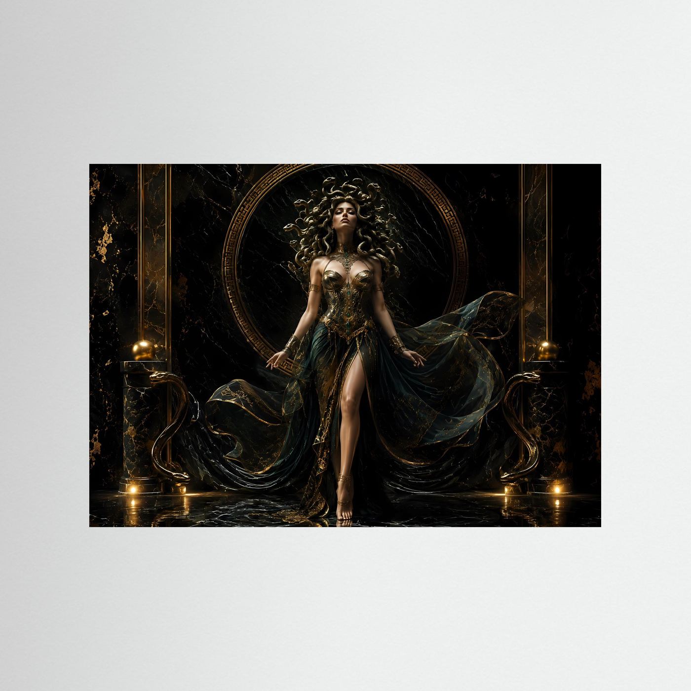 Majestätische Medusa in Schwarz und Gold | Griechische Mythologie & Mystik Poster