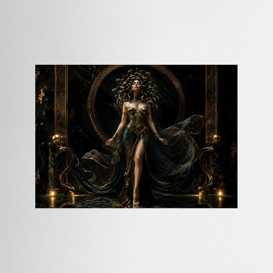 Kunstposter mit Medusa-Figur in Schwarz und Gold, Schleierkleid mit dekorativen Wirbeln