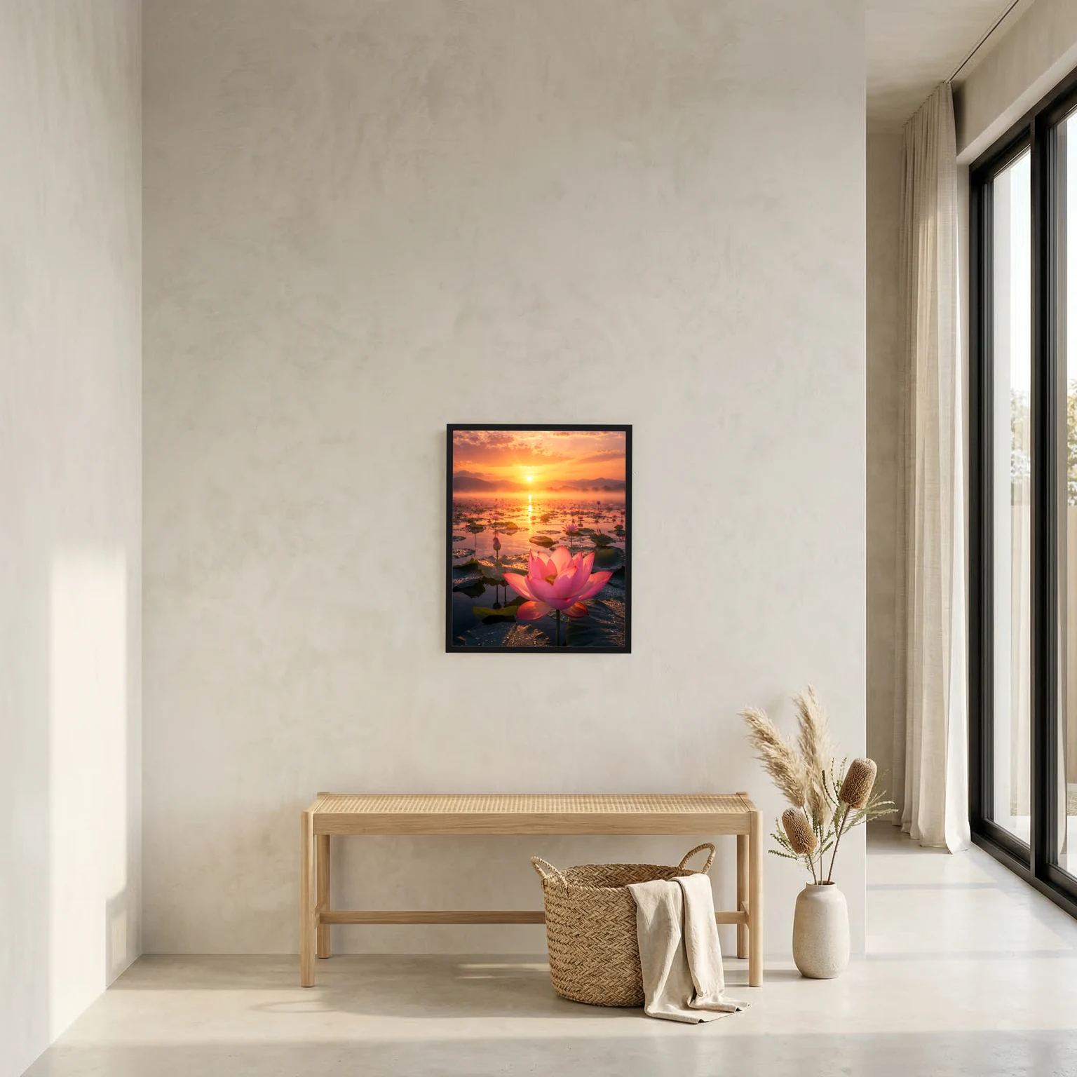Wandposter mit rosa Lotusblüte und Sonnenuntergang, klein gerahmt in dunklem Rahmen