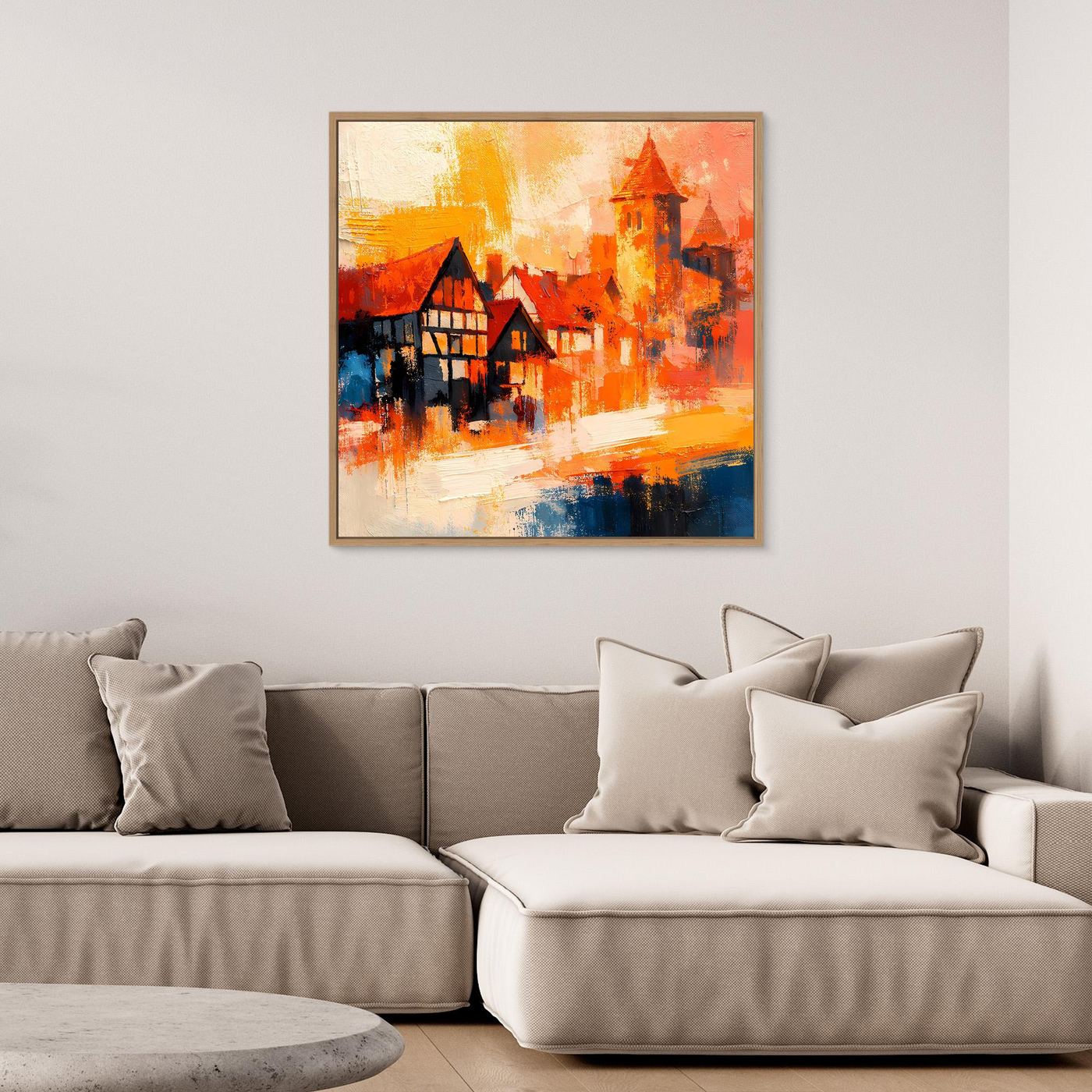 Premium Leinwand Romantische Altstadt im Farbenrausch | Modernes Fachwerk Wandbild abstrakt