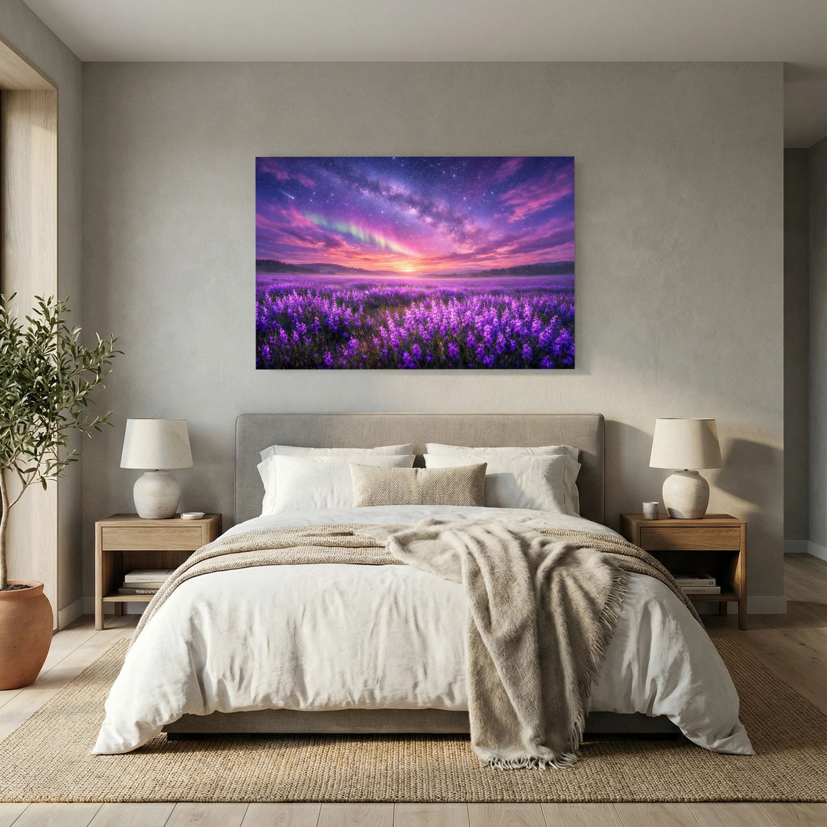 Wandbild quer über einem Bett: Lavendelfeld unter Sternenhimmel bei Sonnenuntergang