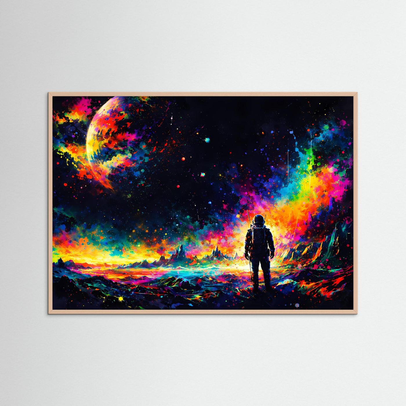 Poster mit Astronauten-Silhouette im Neon-Weltraum, beige Holzrahmen