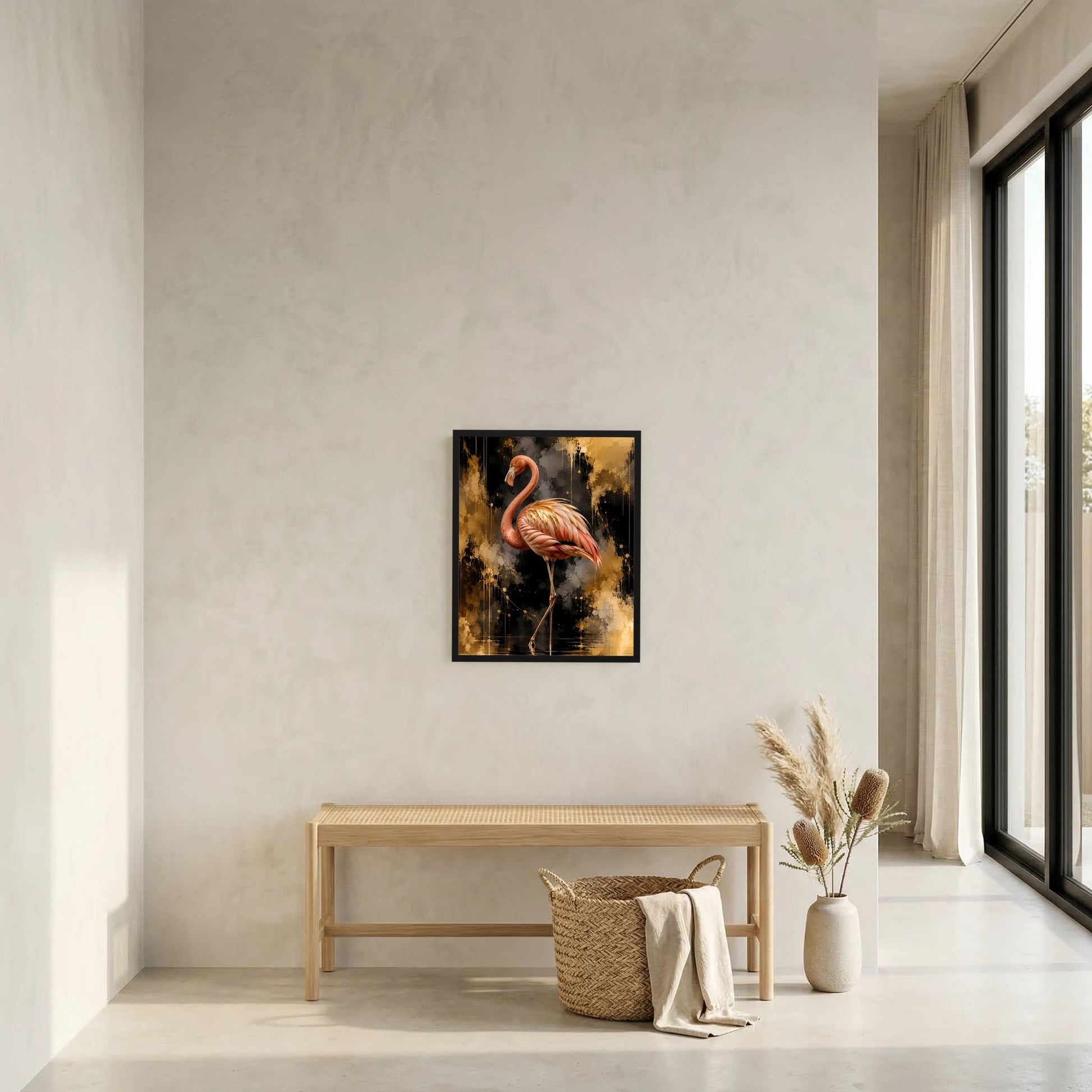 Hochformatiges Poster mit rosa Flamingo im kleinen Rahmen