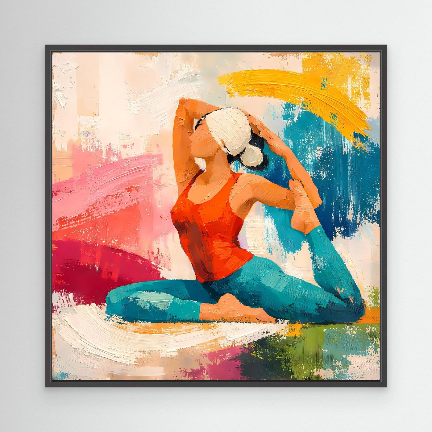 Leinwand-Wandbild mit abstrakter Yoga-Figur, kniende Frau, Farbflächen und Pinselstriche, schwarzer Rahmen