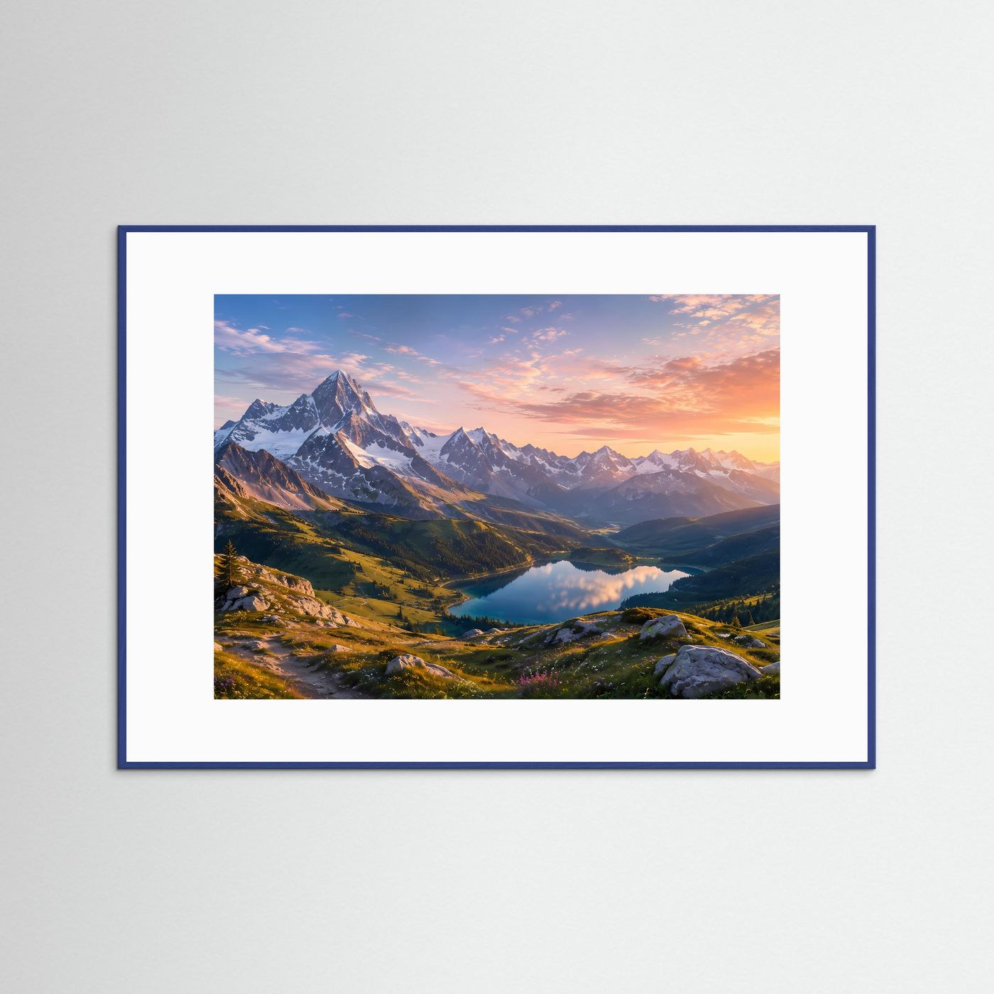 Gerahmtes Alpenfoto mit Bergpanorama, Tal und See im Sonnenuntergang, blauer Holzrahmen