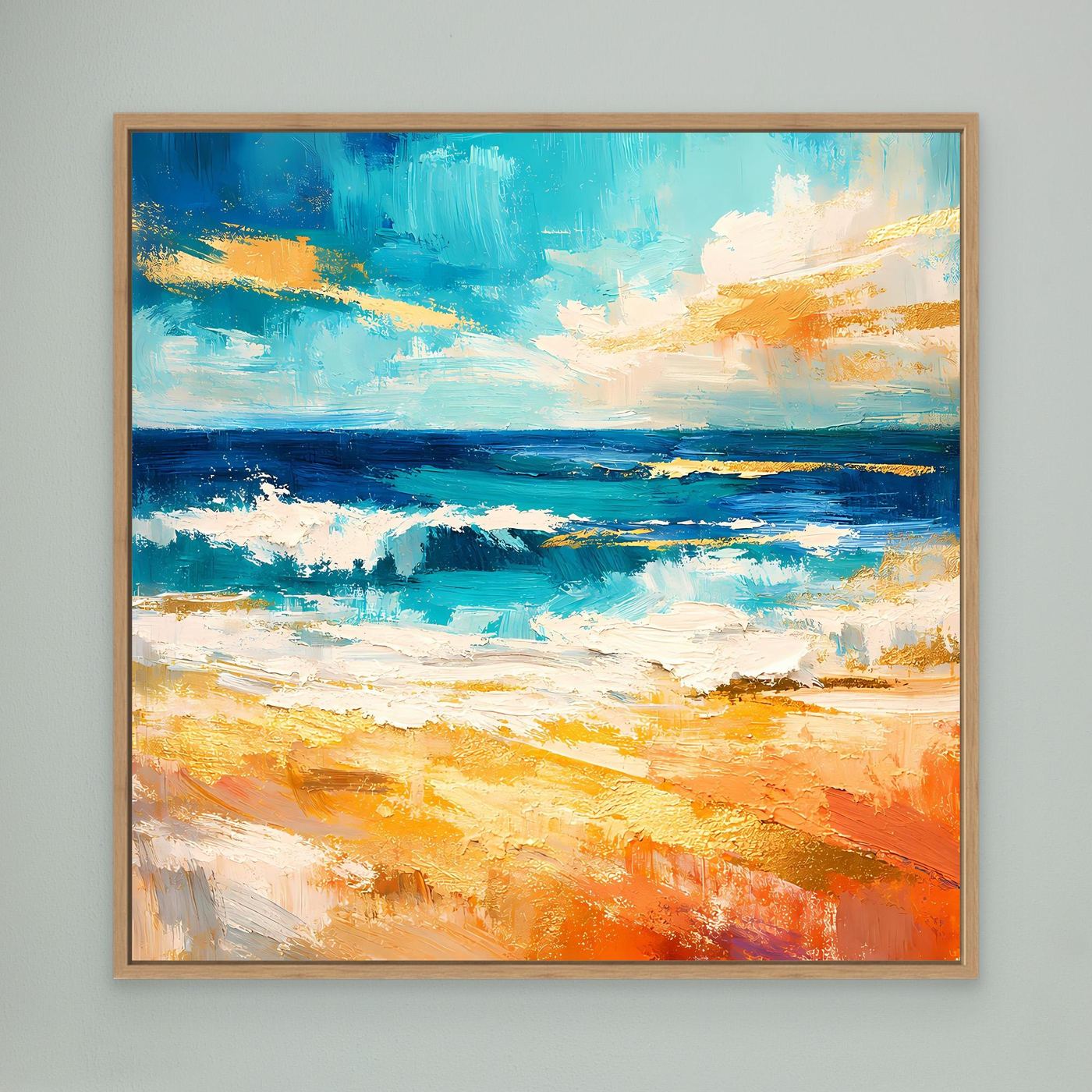 Quadratisches Leinwandbild abstraktes Strandmeer mit Eichenrahmen, viel Blau und Orange