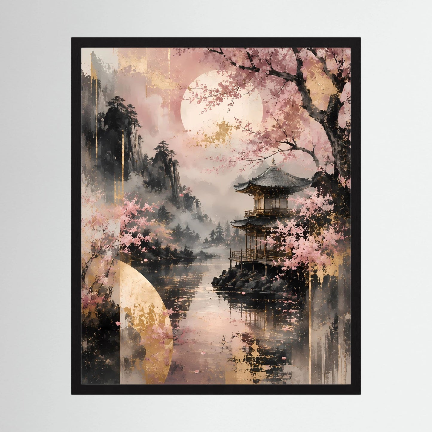 Hochformat-Poster mit Kirschblüten und Tempel am See, schwarzer Rahmen, Rosa-Gold