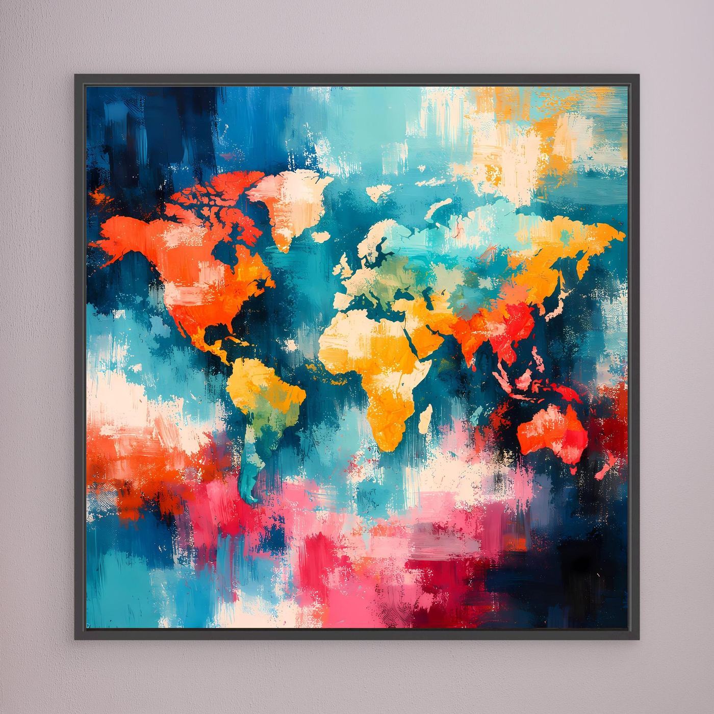 Abstract world map canvas with colorful splash-style continents in a black frame on wall