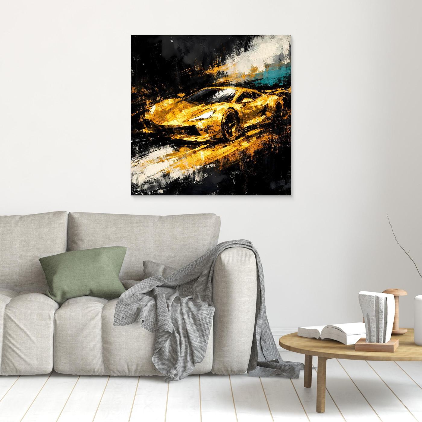 Leinwand Goldener Supersportwagen | Modernes Abstraktes Rennsport Wandbild