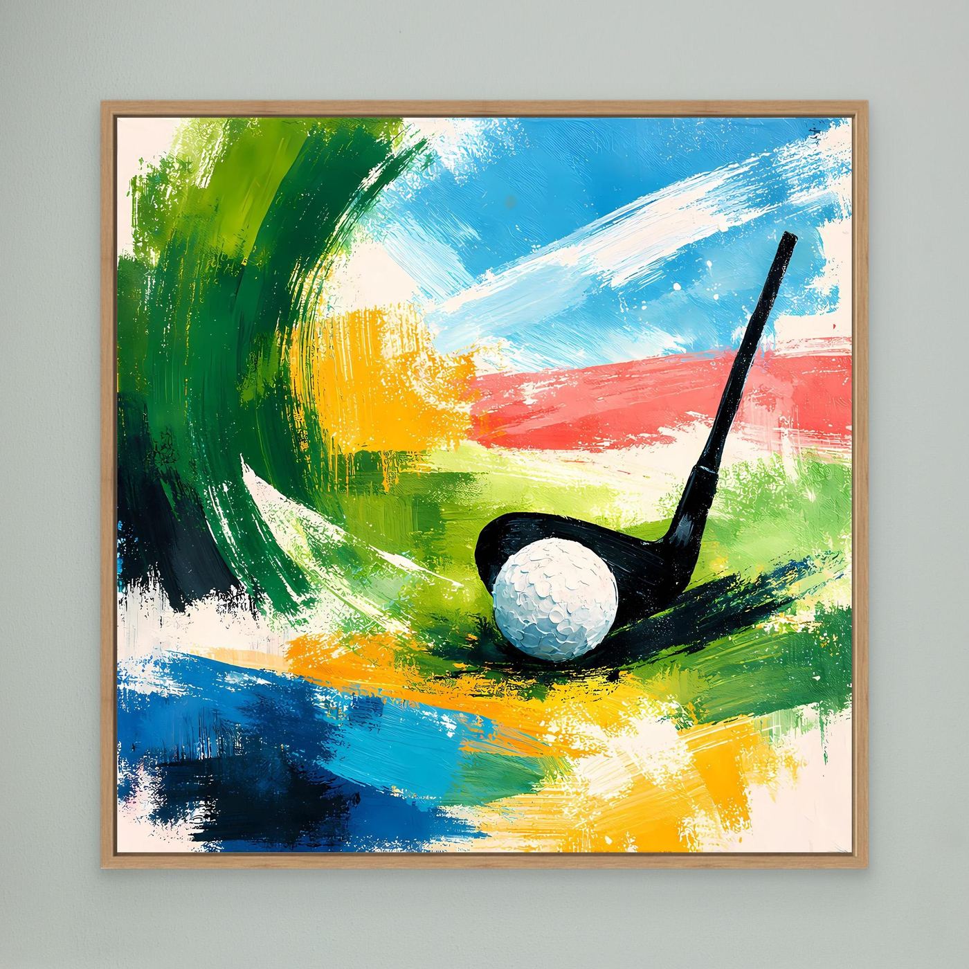 Abstraktes Leinwand-Wandbild mit Golfschläger und Ball in Eichenrahmen, grün-blau-gelb-rot.