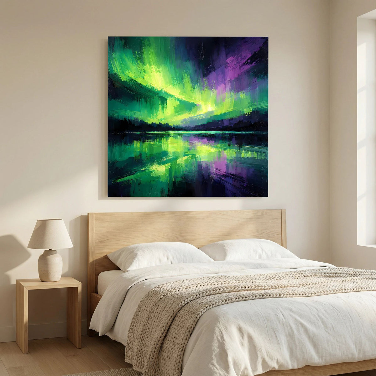 Leinwand-Wandbild: leuchtende Aurora in Grün, dazu Violett und Blau über dunklem See