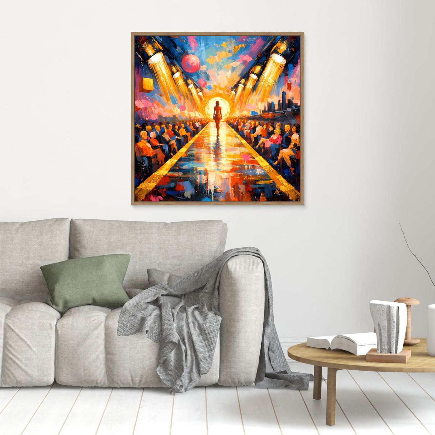 Leinwandbild mit dunklem Holzrahmen: Pop-Art-Laufsteg, stehende Figur, Farbspritzer