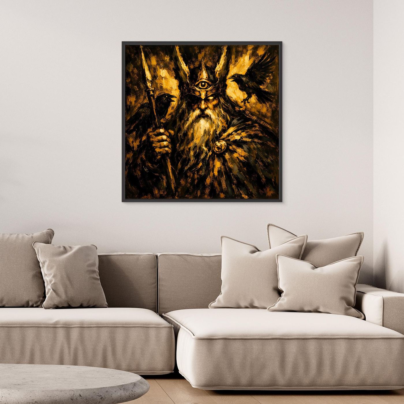 Leinwand Mythischer Allvater Odin in Goldoptik | Abstraktes Wikinger Götter Wandbild