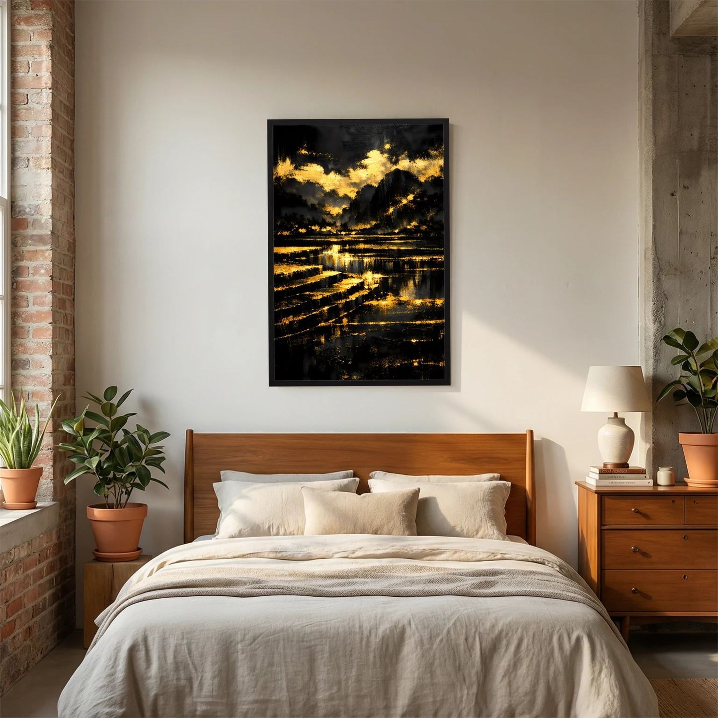 Wandbild-Poster Hochformat mit abstrakter Berglandschaft in Schwarz und Gold, schwarzer Rahmen