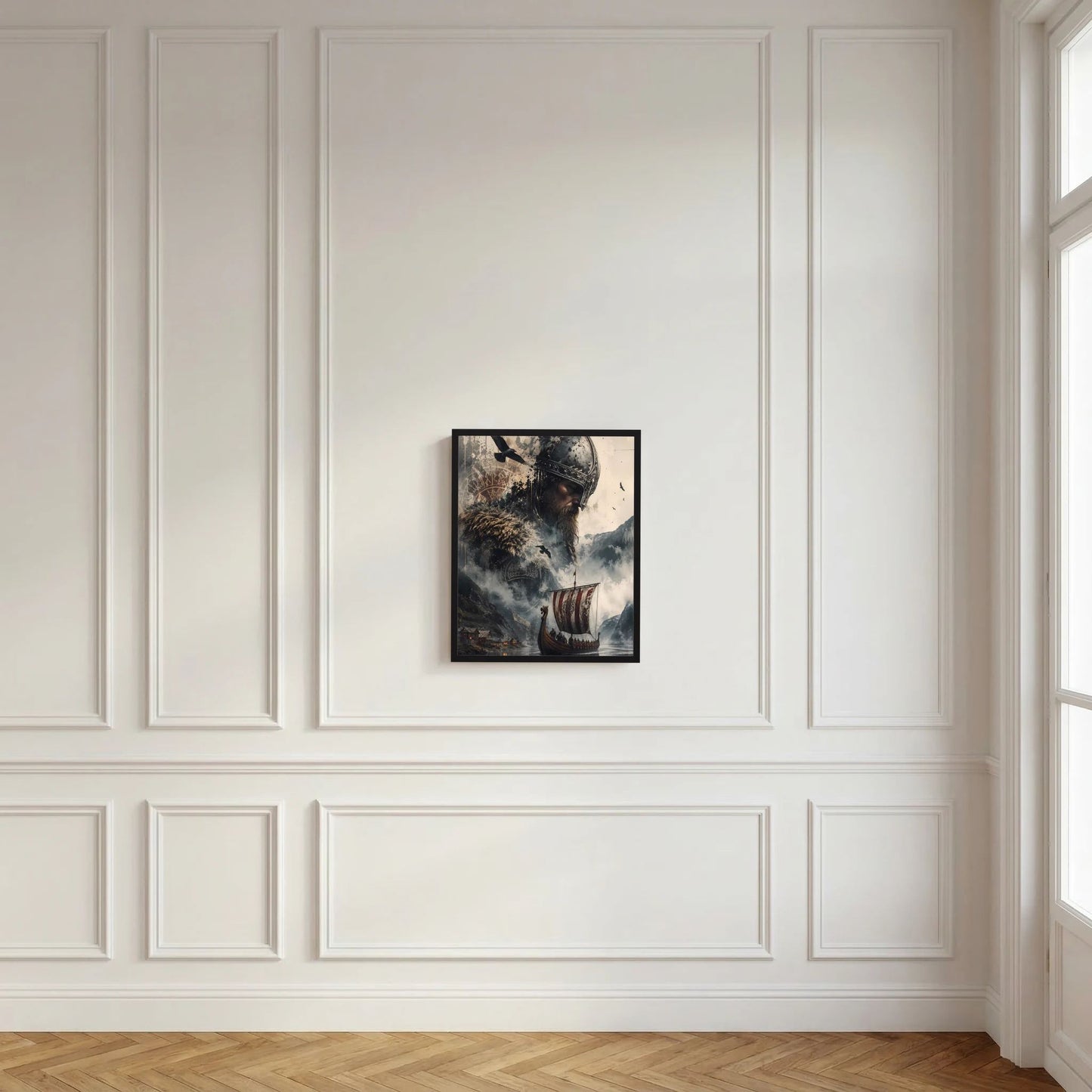 Gerahmtes Hochformat-Poster mit Wikingerhelm und Langschiff in wolkiger Landschaft