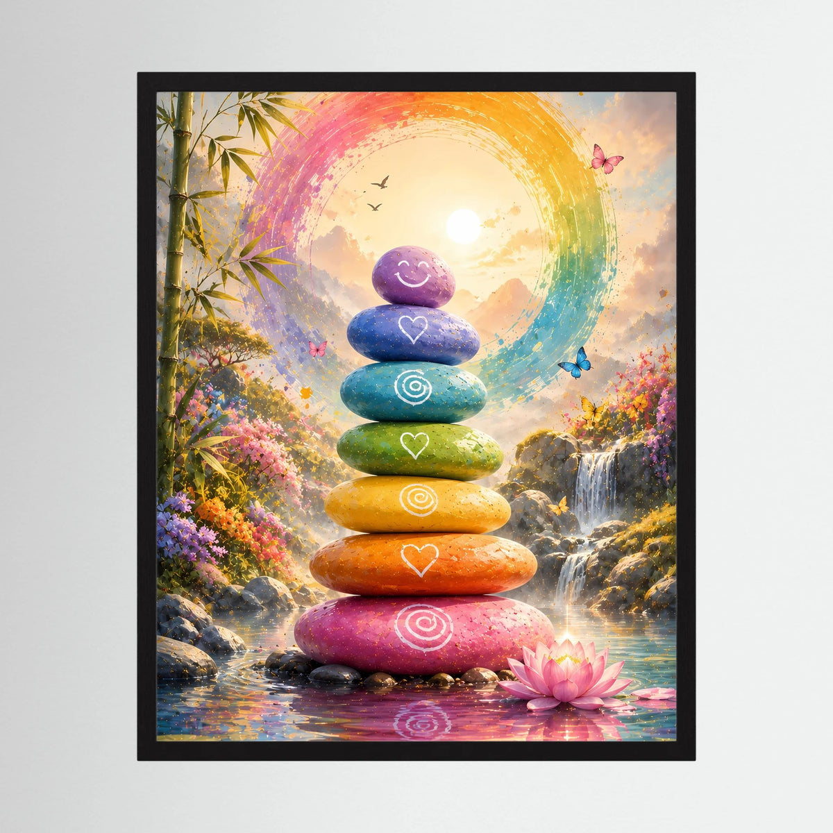 Zen-Poster im schwarzen Rahmen mit Regenbogenkreis, gestapelten farbigen Steinen und Lotus