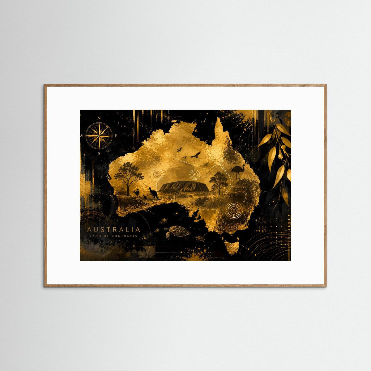 Poster Querformat mit abstrakter Australienkarte in Schwarz und Gold, hellbraune Einfassung