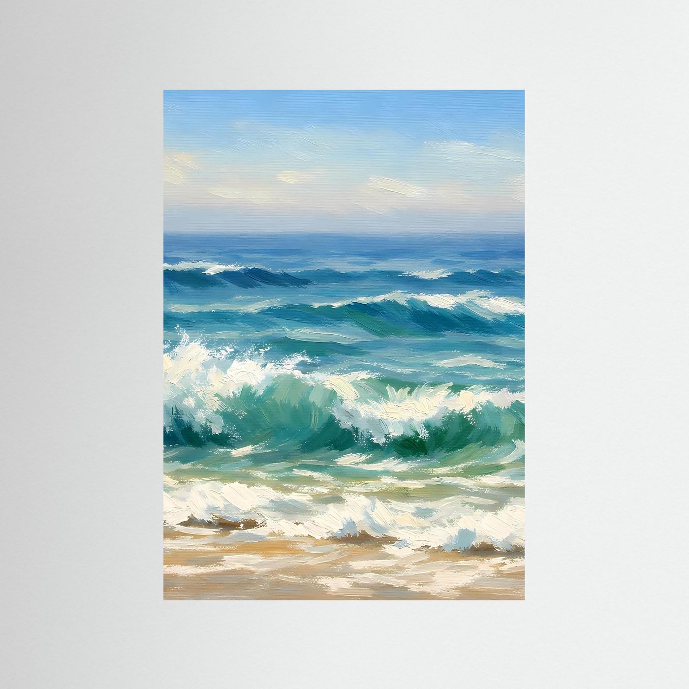 Poster mit gemalten Meereswellen am Strand in Blau- und Grüntönen ohne Rahmen