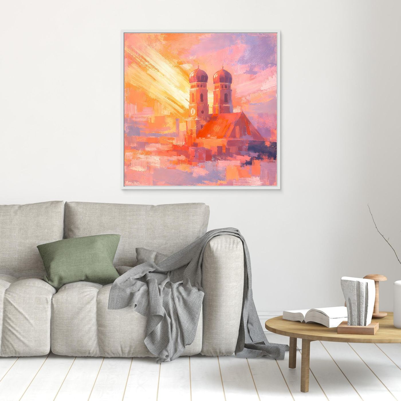 Premium Leinwand Frauenkirche München im Sonnenaufgang | Abstraktes Skyline Wandbild Bayern